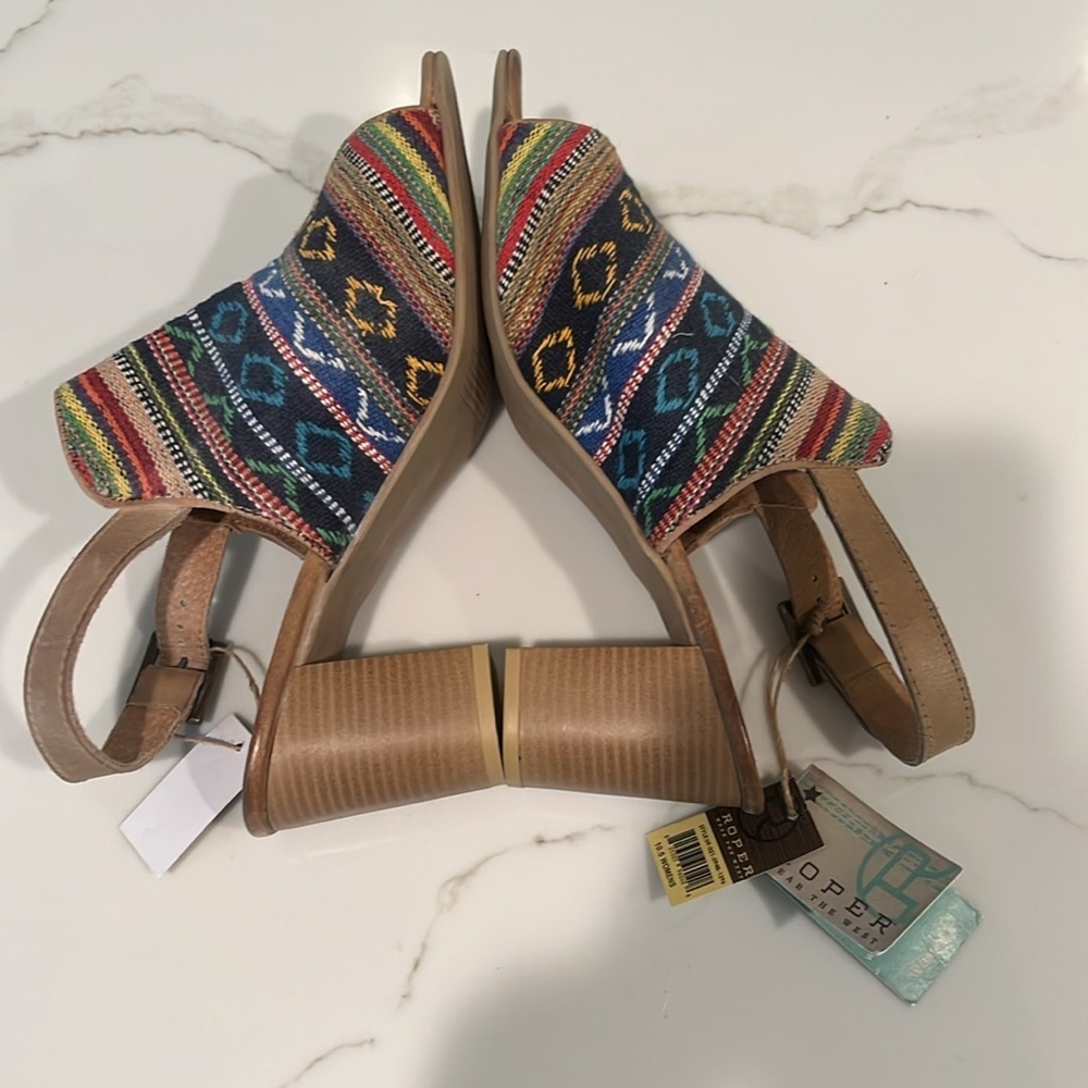 ROPER MIKA SOUTHWEST TAPESTRY SLINGBACK PEEP TOE BLOCK HEEL SANDALS - Picture 9 of 13